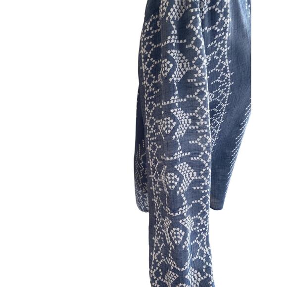 FRED DAVID BLUE AND WHITE GEO PRINT V/NECK PULLOVER TUNIC BLOUSE Sz -M - Picture 6 of 9